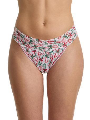 Bikini bottom with candy cane pattern on a white background