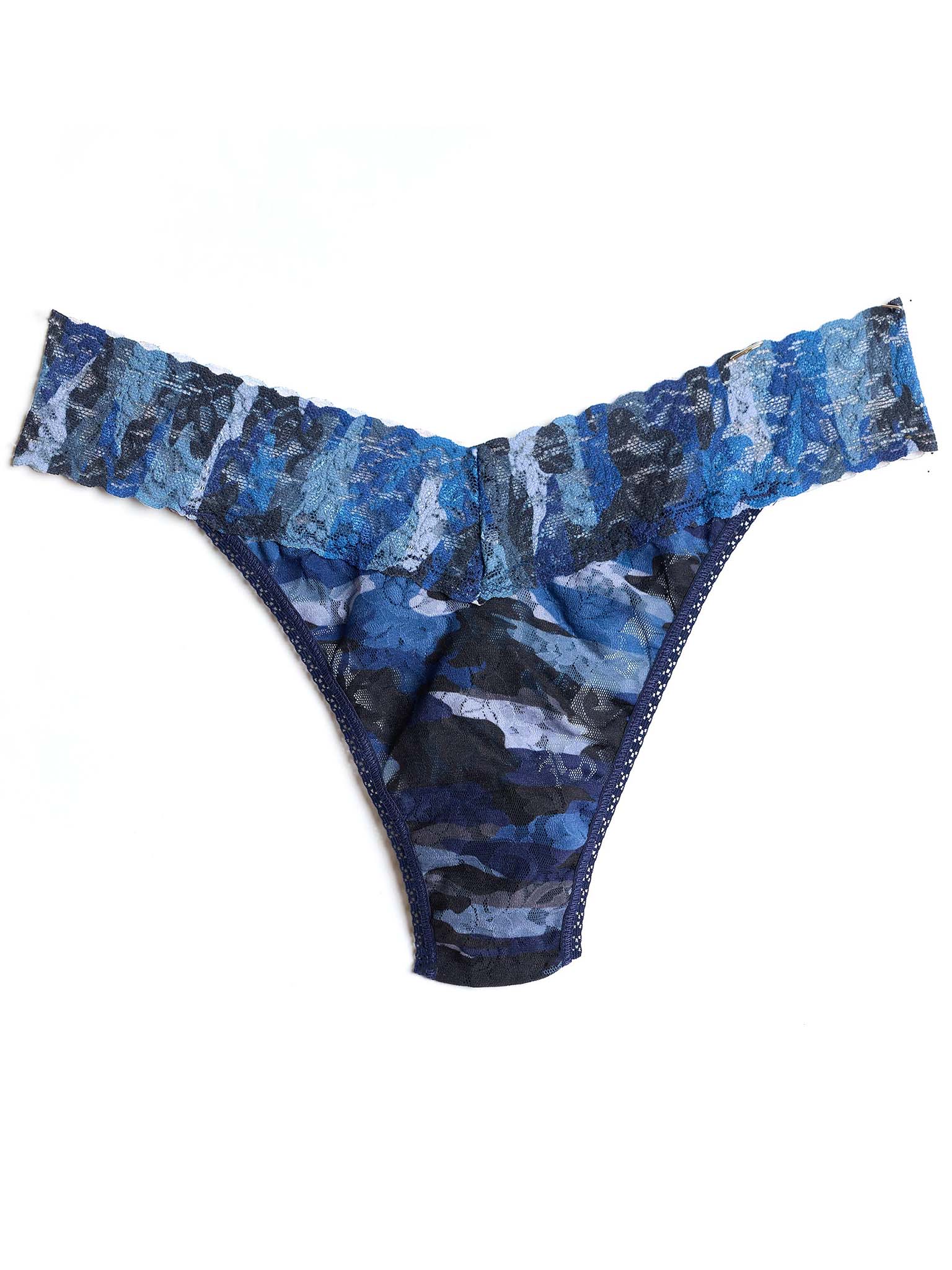 Cloudbank Camo Navy Signature Lace® Original Rise Thong in blue camo print with stretch lace waistband - Flat Lay | Hanky Panky