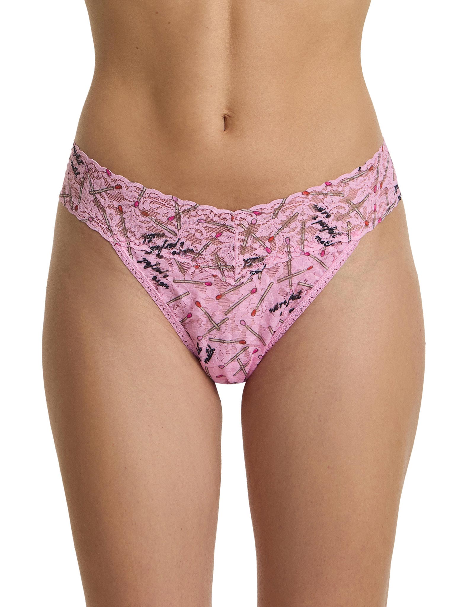 Pink lace underwear with a subtle pattern on a white background