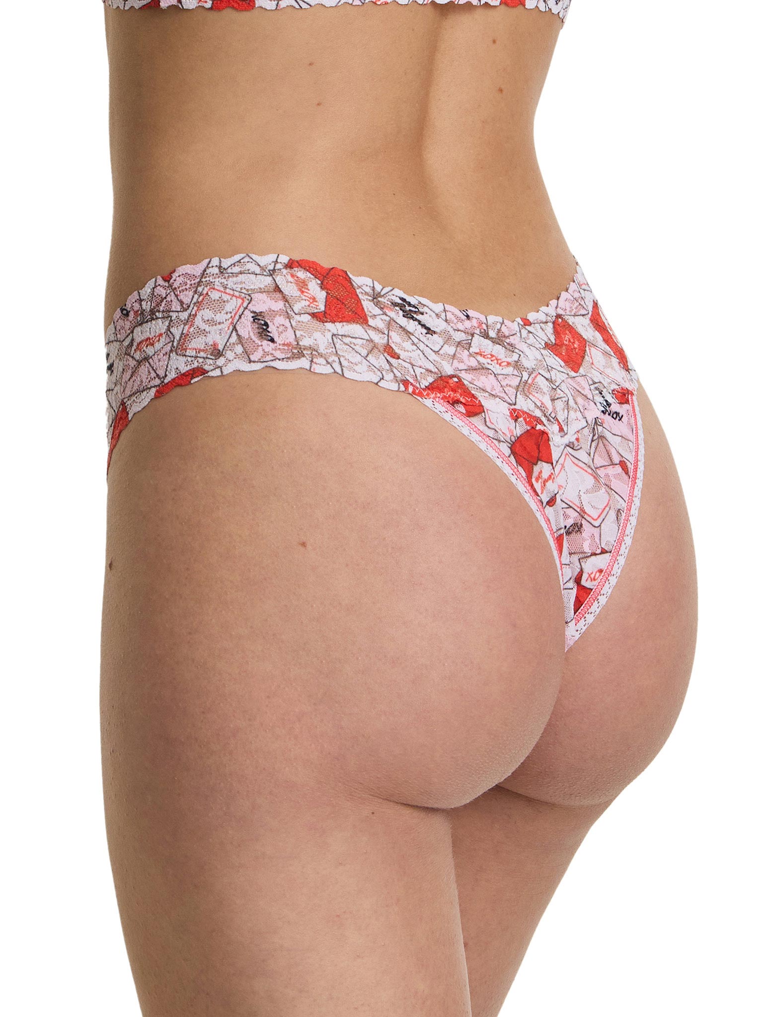 Printed Signature Lace® Original Rise Thong With Love Red/Pink - Back Side View On Model | Hanky Panky