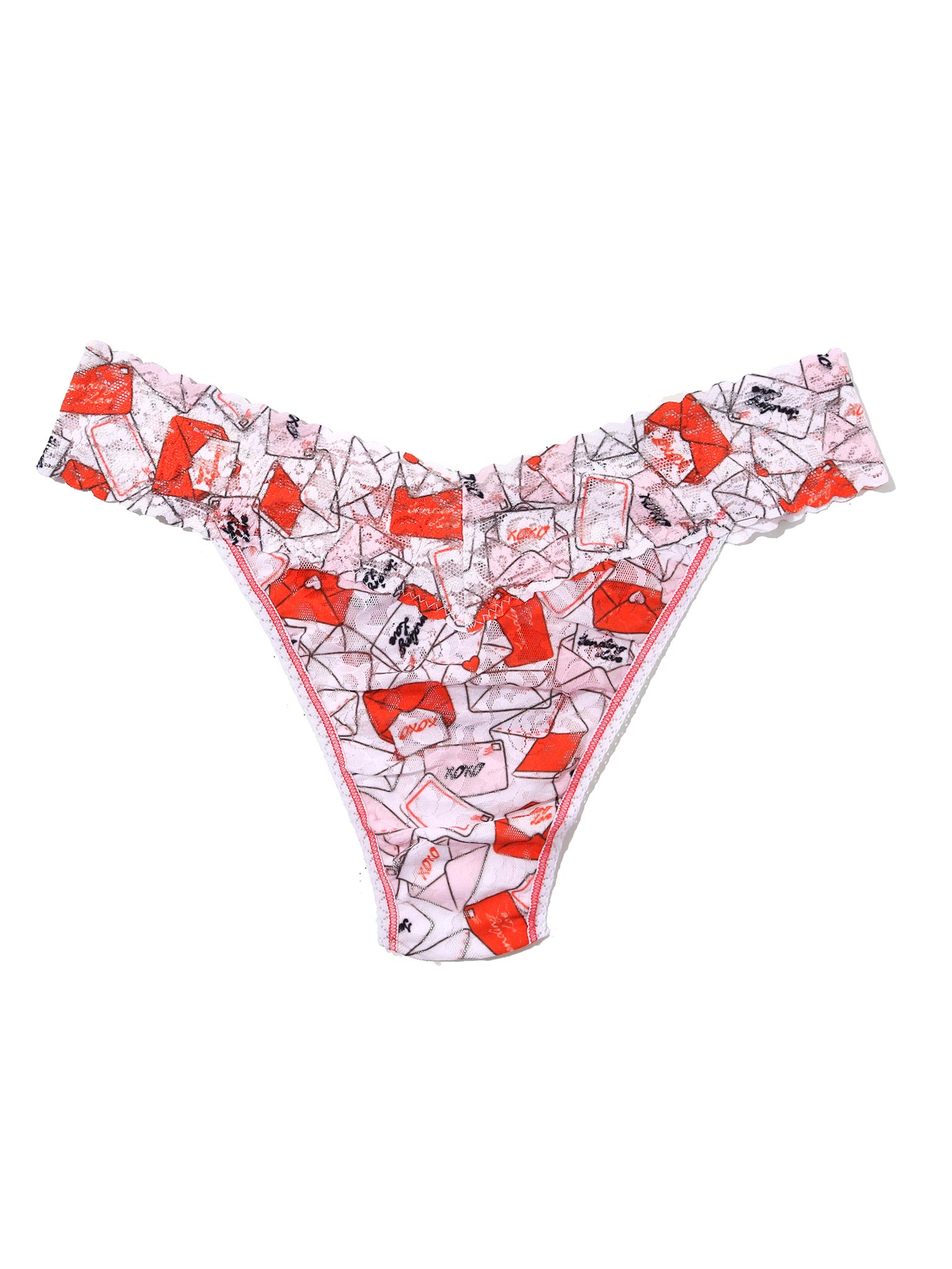 Printed Signature Lace® Original Rise Thong With Love Red/Pink - Flat Lay, Love Letter Print | Hanky Panky