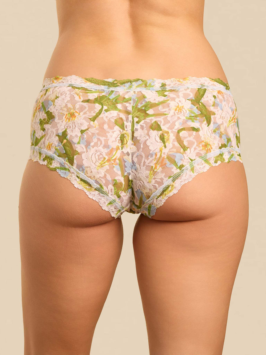 Floral lily blue printed Signature Lace® boyshort - Back View, On Model | Hanky Panky