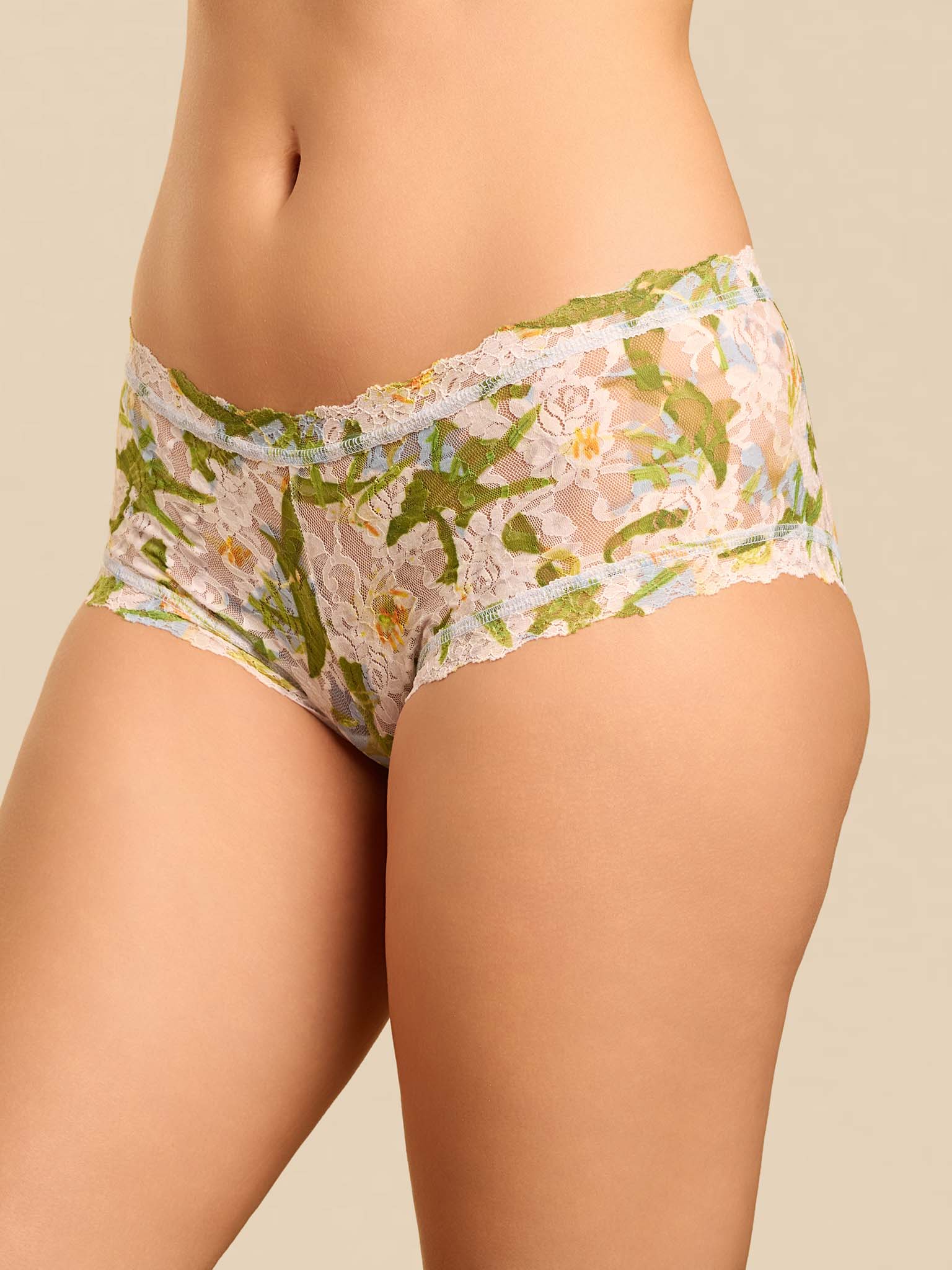Absolute Lily Blue floral lace boyshort - Three-Quarter Front View, On Model | Hanky Panky