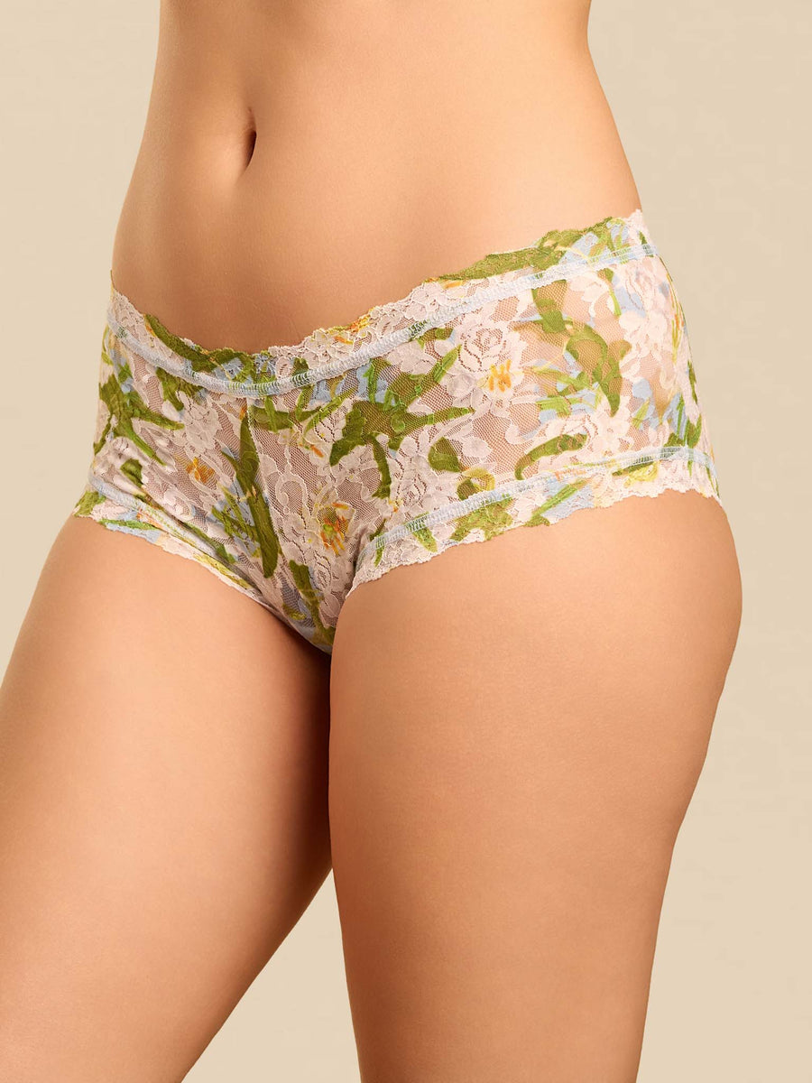 Absolute Lily Blue floral lace boyshort - Three-Quarter Front View, On Model | Hanky Panky