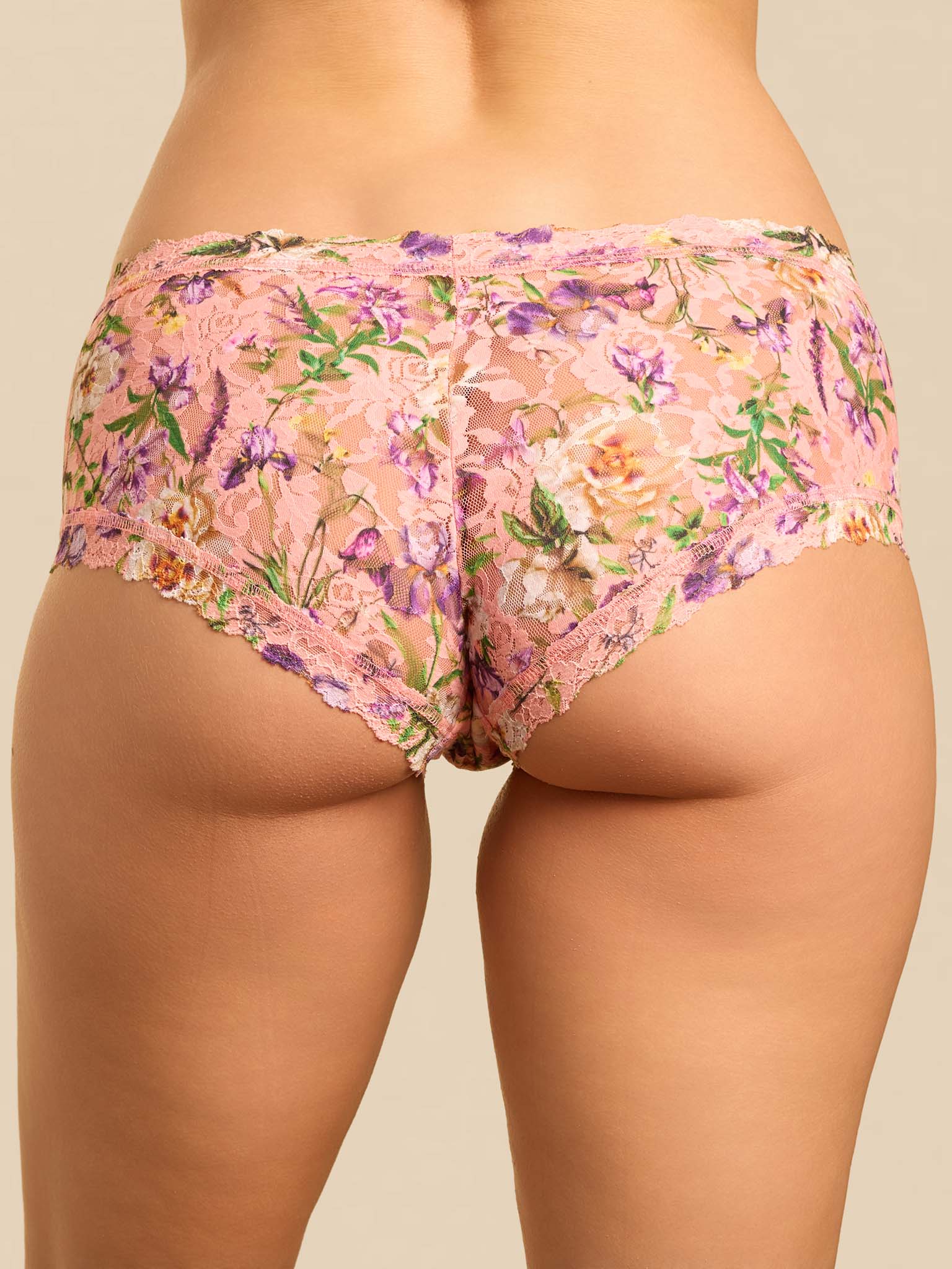 Coral Pink Floral Lace Boyshort Full Coverage - Back View On Model | Hanky Panky