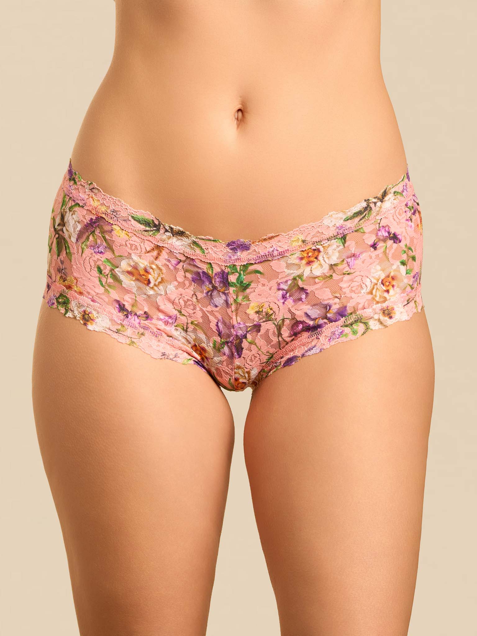 Coral Pink Floral Print Signature Lace® Boyshort - Front View On Model | Hanky Panky
