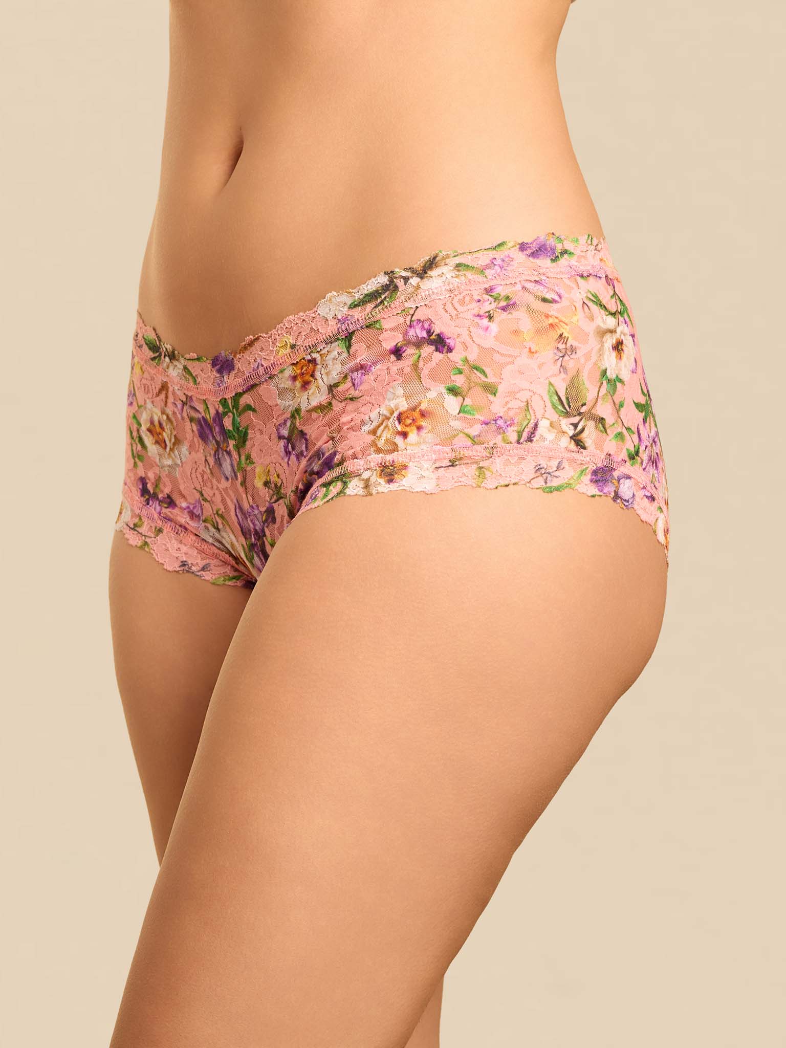 Coral Pink Printed Signature Lace® Boyshort - Three-Quarter Side View On Model | Hanky Panky