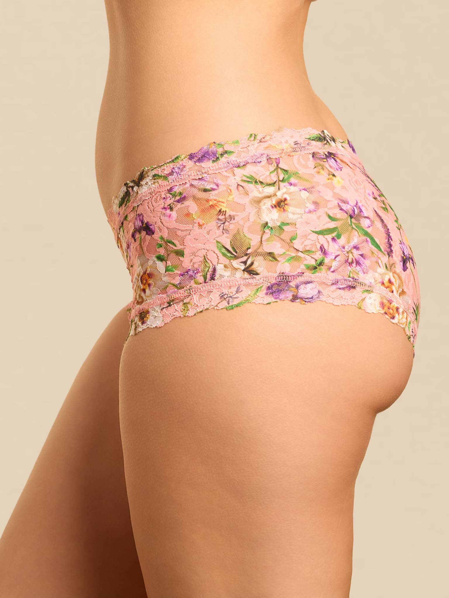 Coral Pink Printed Signature Lace® Boyshort - Rear Three-Quarter Side Profile On Model | Hanky Panky