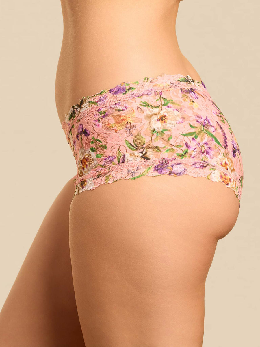 Coral Pink Printed Signature Lace® Boyshort - Rear Three-Quarter Side Profile On Model | Hanky Panky