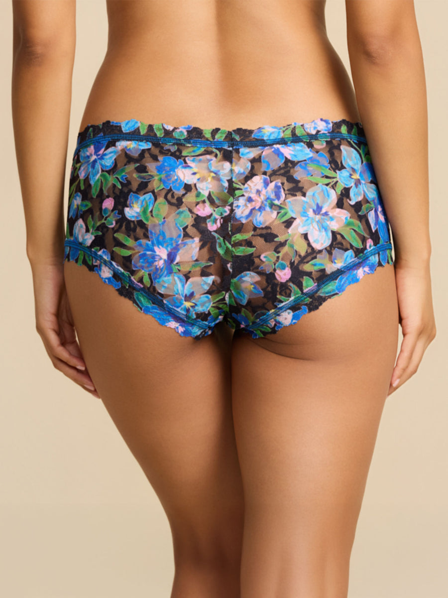 Printed Signature Lace® Boyshort Ocean Blooms Black - Back View, sheer floral lace boyshort coverage on model | Hanky Panky
