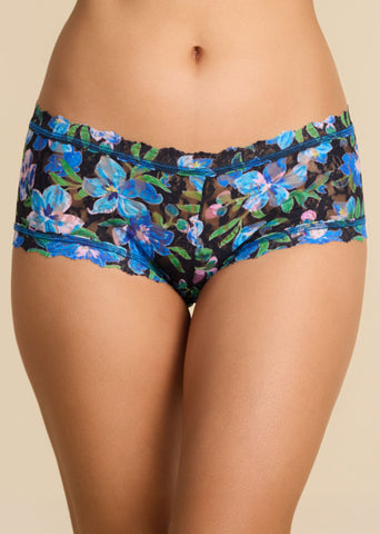 Printed Signature Lace® Boyshort Ocean Blooms Black - Front View, blue floral lace boyshort panties on model | Hanky Panky