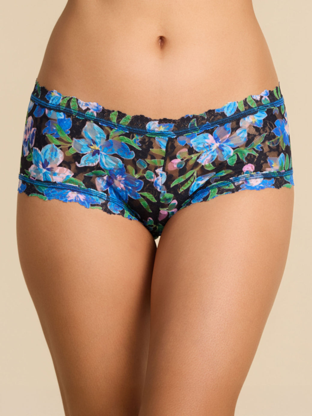 Model facing front in Printed Signature Lace® Boyshort Ocean Blooms Black