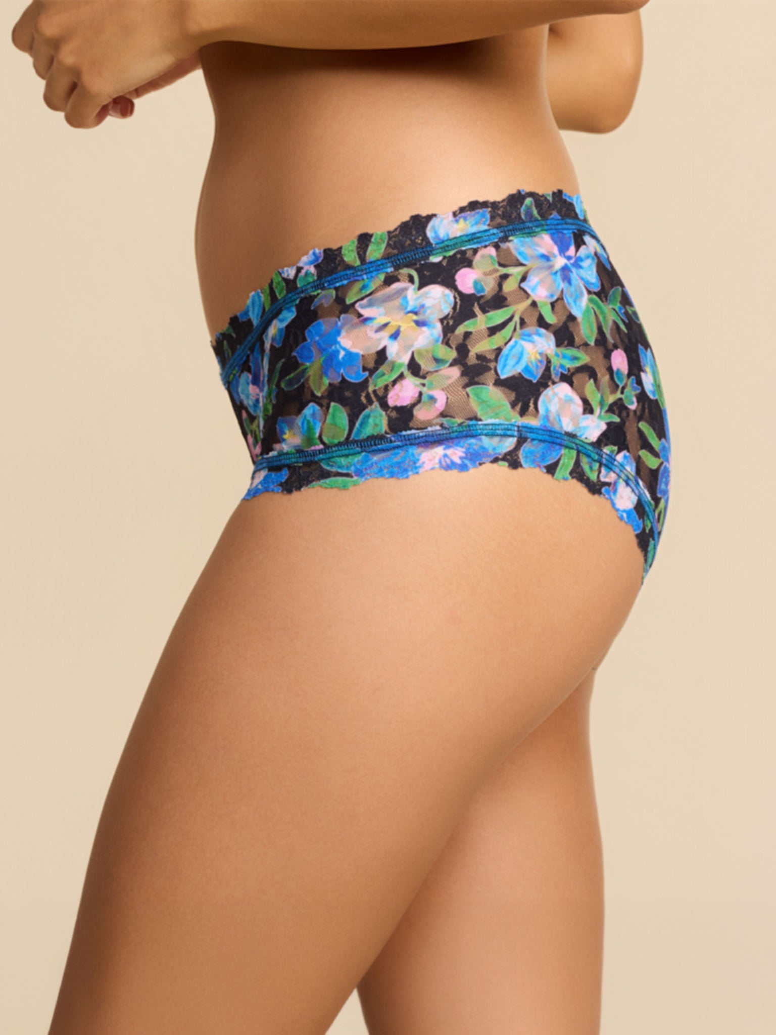 Printed Signature Lace® Boyshort Ocean Blooms Black - Side Profile, blue floral lace waistband detail on model | Hanky Panky