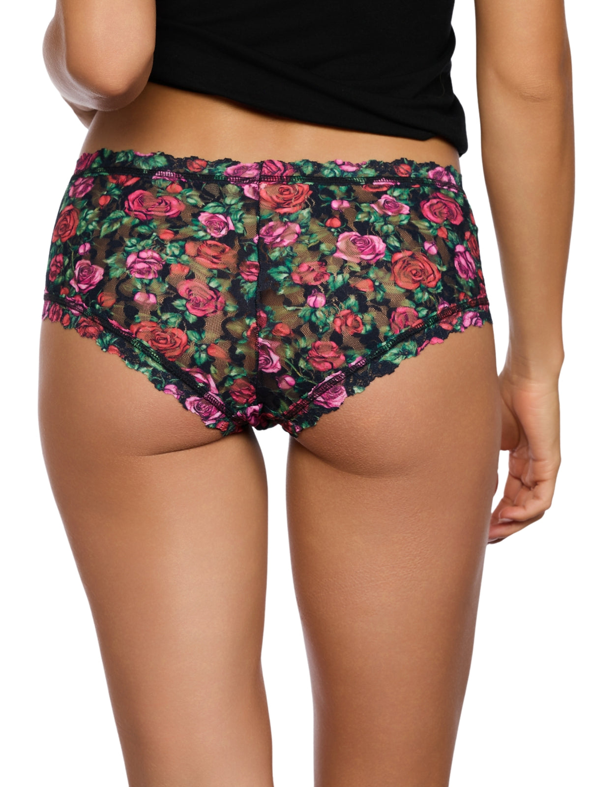 Black Floral Rose Print Signature Lace Boyshort - Back View On Model | Hanky Panky