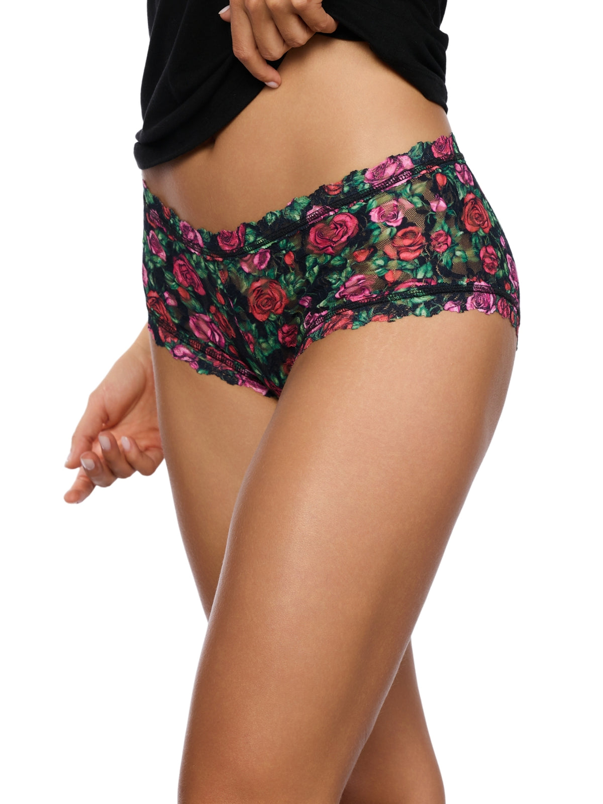 Black Floral Rose Print Signature Lace Boyshort - Side Profile On Model | Hanky Panky