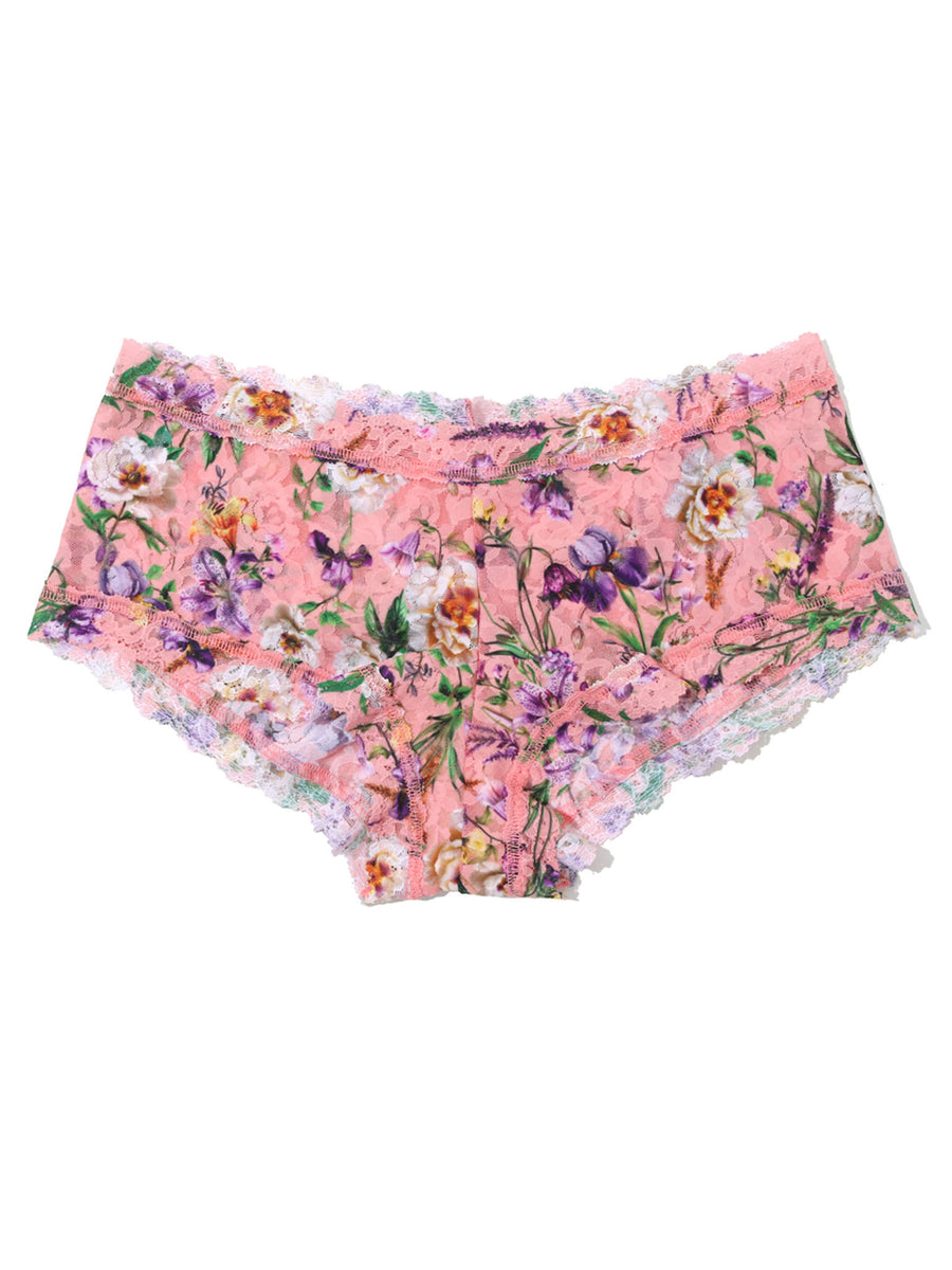 Coral Pink Floral Print Signature Lace® Boyshort - Flat Lay Front Product View | Hanky Panky