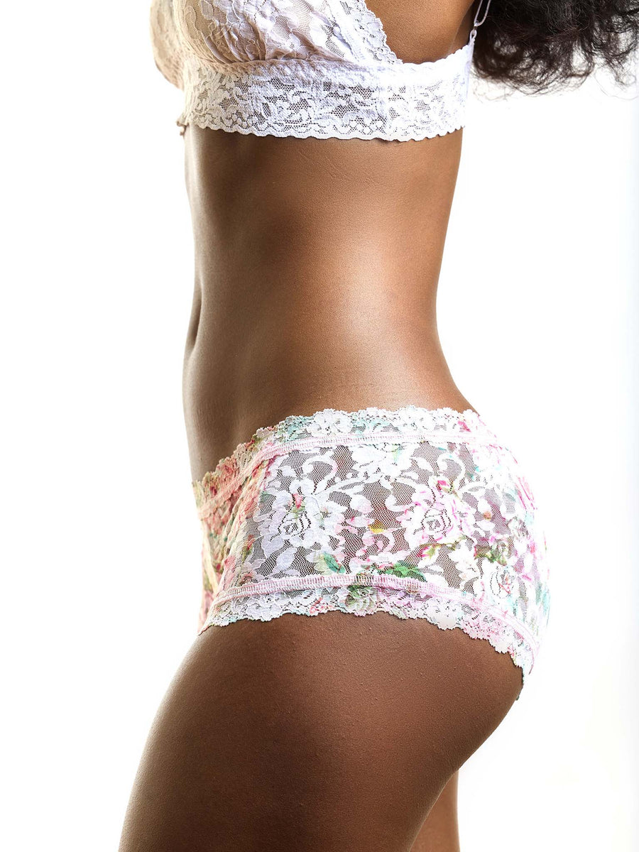 Rococo Rose Pink Floral Lace Boyshort - Side Profile On Model | Hanky Panky