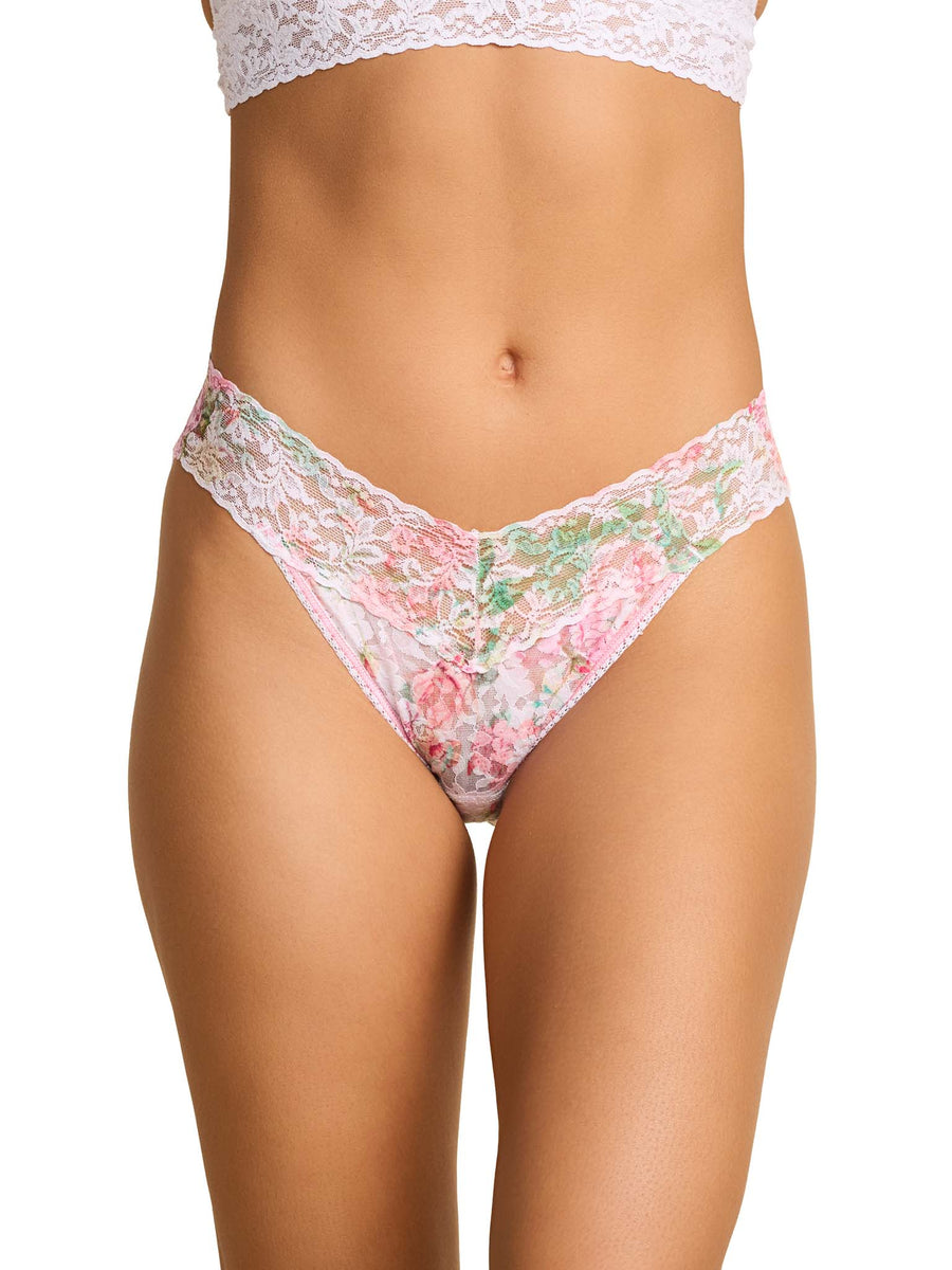 Rococo Rose Pink floral lace v-kini panties - Front View | Hanky Panky