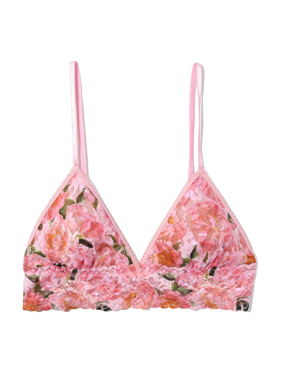 Printed Signature Lace® Padded Triangle Bralette Dancing Petals Pink - Flat Lay Front, Floral Lace Detail | Hanky Panky