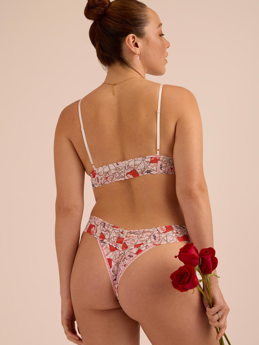 Printed Signature Lace® Original Rise Thong With Love Red/Pink - Back On Model with Roses | Hanky Panky