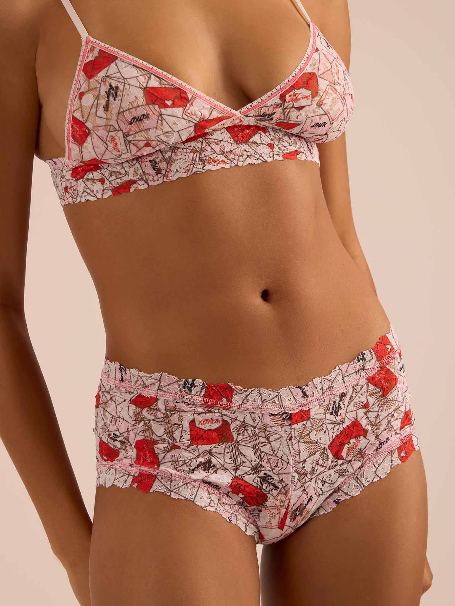 Red/Pink With Love Print Signature Lace® Padded Triangle Bralette & Matching Set - Cropped Front Styled | Hanky Panky