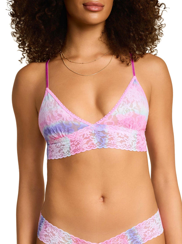 Multicolored lace bralette worn by a model on a plain background