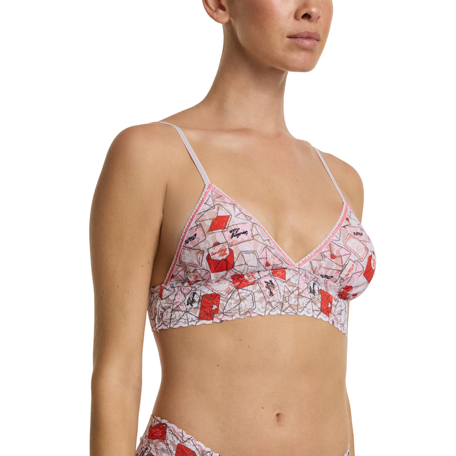 Red/Pink With Love Print Signature Lace® Padded Triangle Bralette - Three-Quarter Angle On Model | Hanky Panky