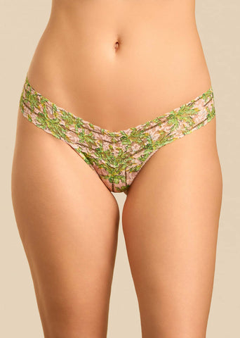 Palm Breeze Pink printed Signature Lace low rise thong, front view on model | Hanky Panky