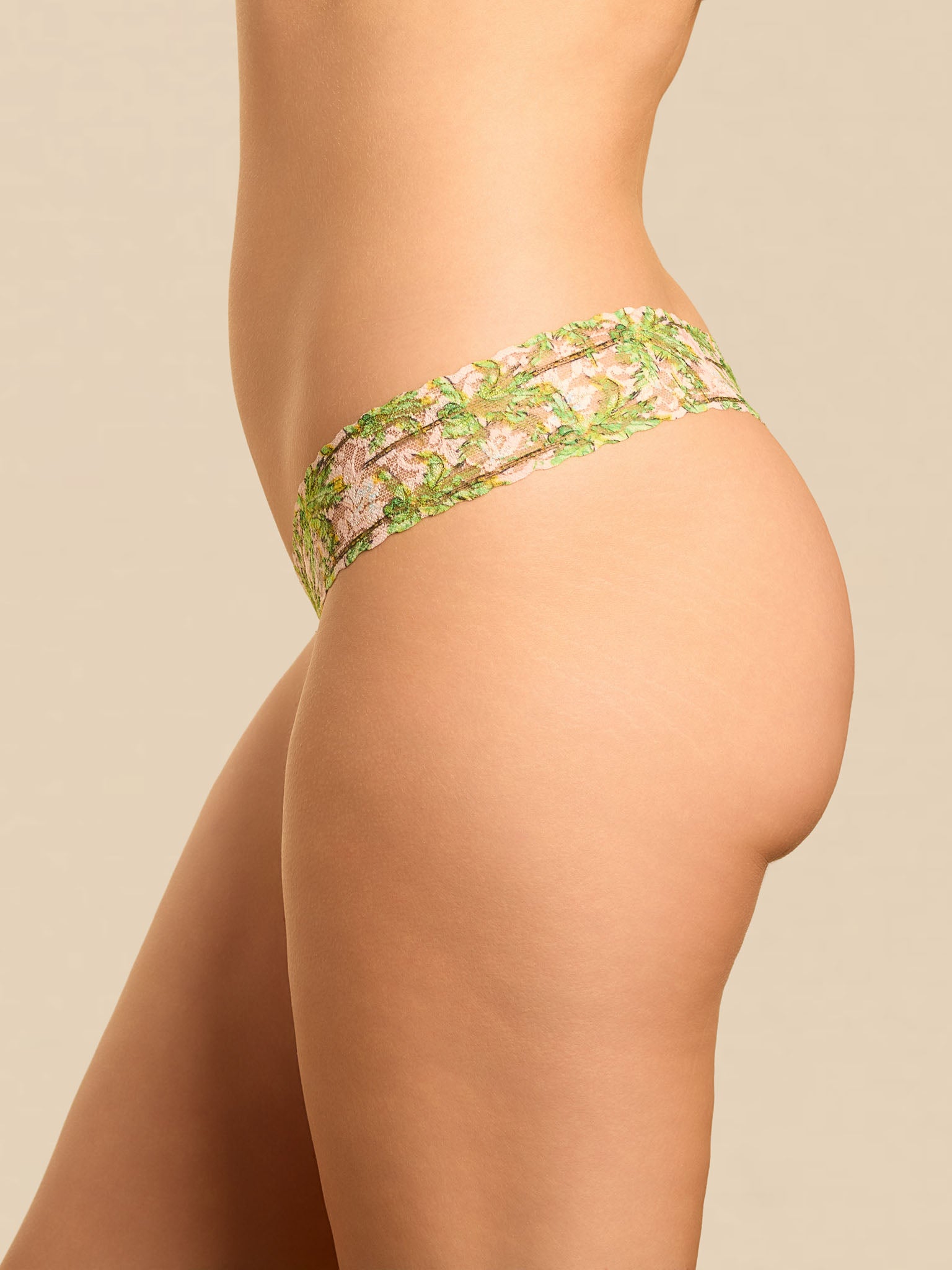 Palm Breeze Pink printed Signature Lace low rise thong, rear side profile on model | Hanky Panky