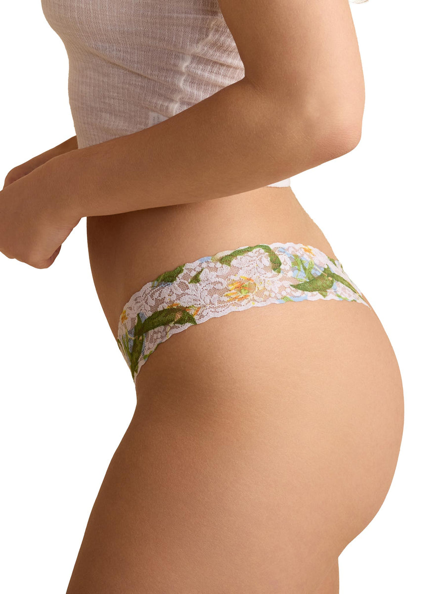 Lily blue floral Printed Signature Lace® Low Rise Thong, low rise lace fit - Side Profile White Background | Hanky Panky