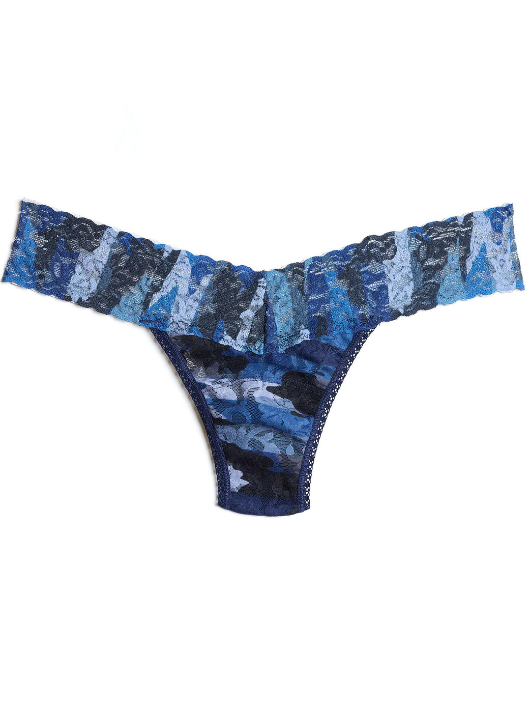 Blue and black patterned lace thong on a white background