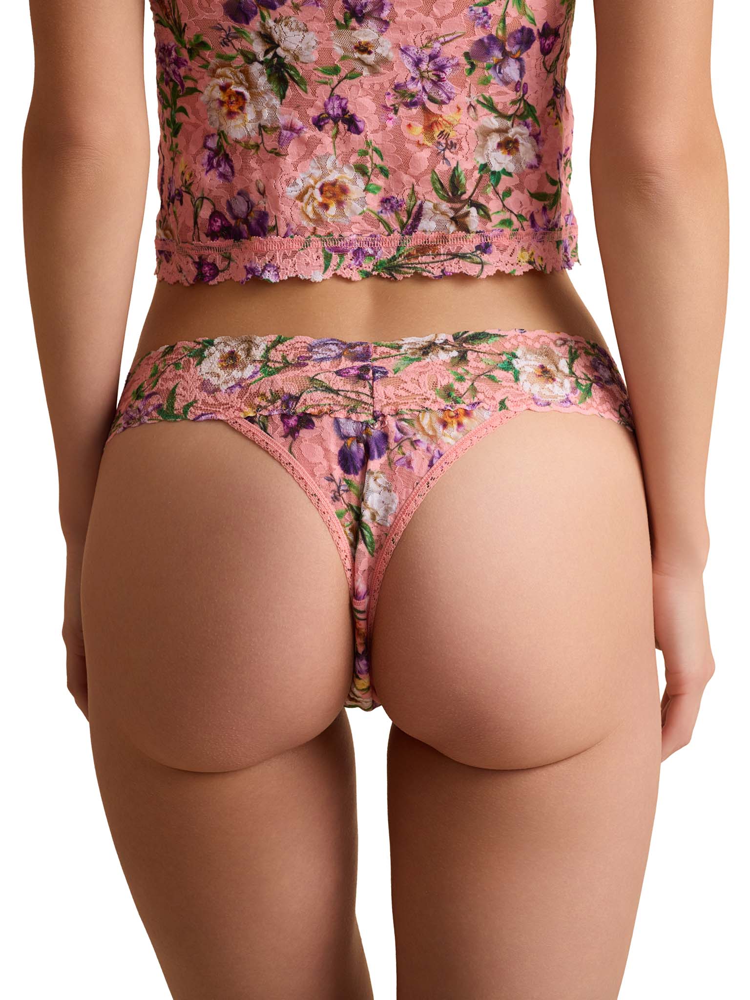 Printed Signature Lace® Low Rise Thong Fawning Flora Coral - Back View, floral lace thong with matching top | Hanky Panky