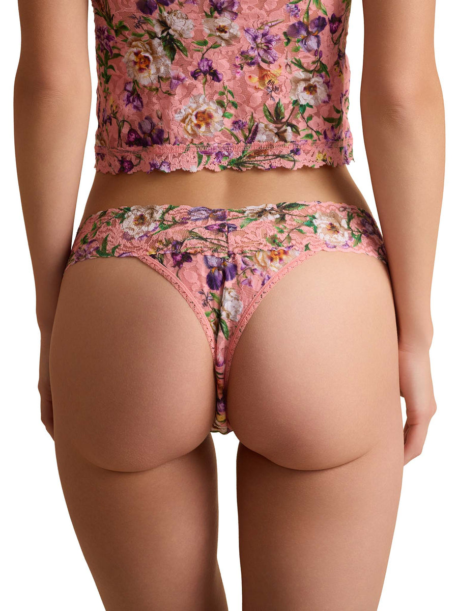 Printed Signature Lace® Low Rise Thong Fawning Flora Coral - Back View, floral lace thong with matching top | Hanky Panky