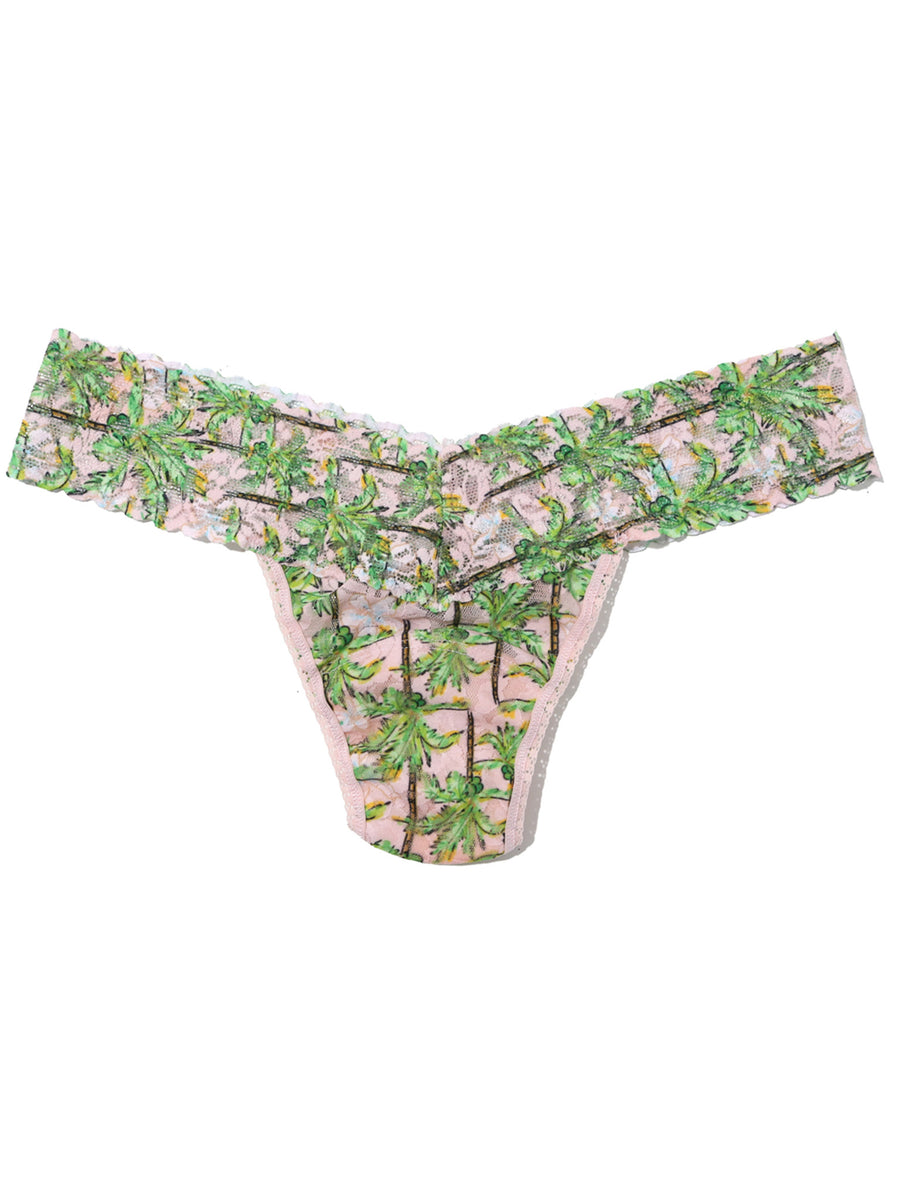 Palm Breeze Pink tropical palm print Signature Lace low rise thong, flat lay on white | Hanky Panky