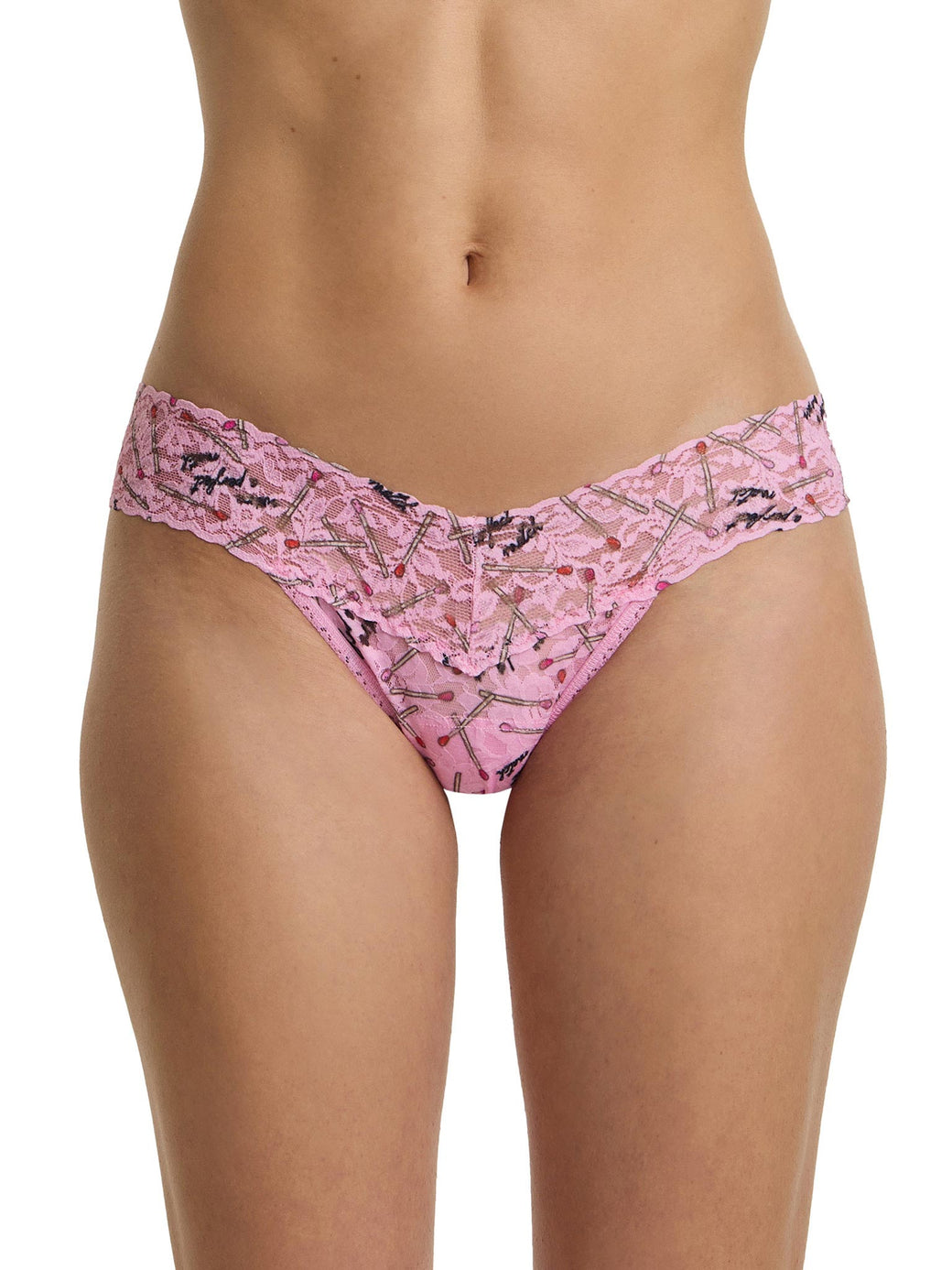 Pink patterned underwear worn by a person on a white background