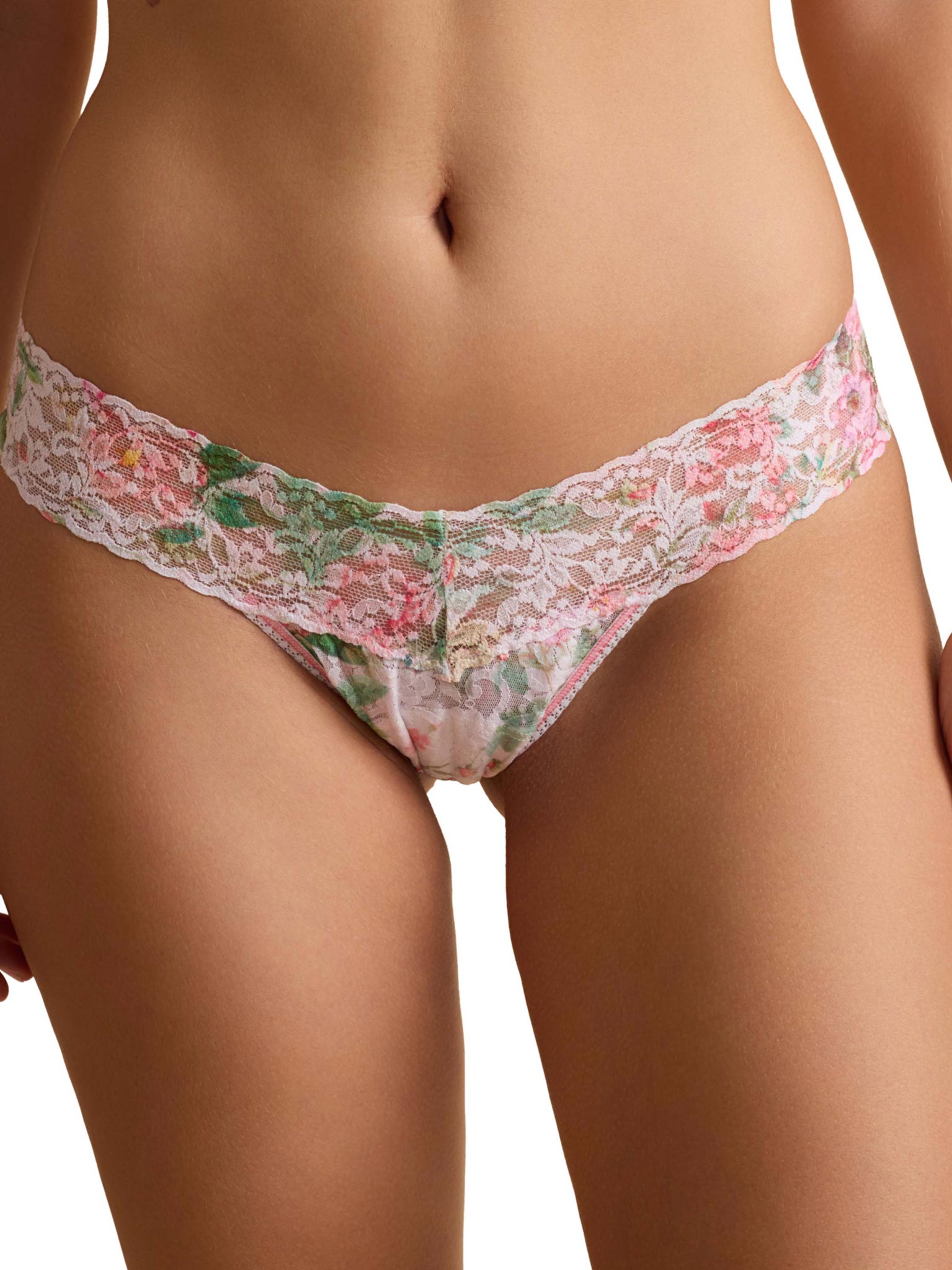 Rococo Rose Pink floral printed Signature Lace® low rise thong - Front View | Hanky Panky