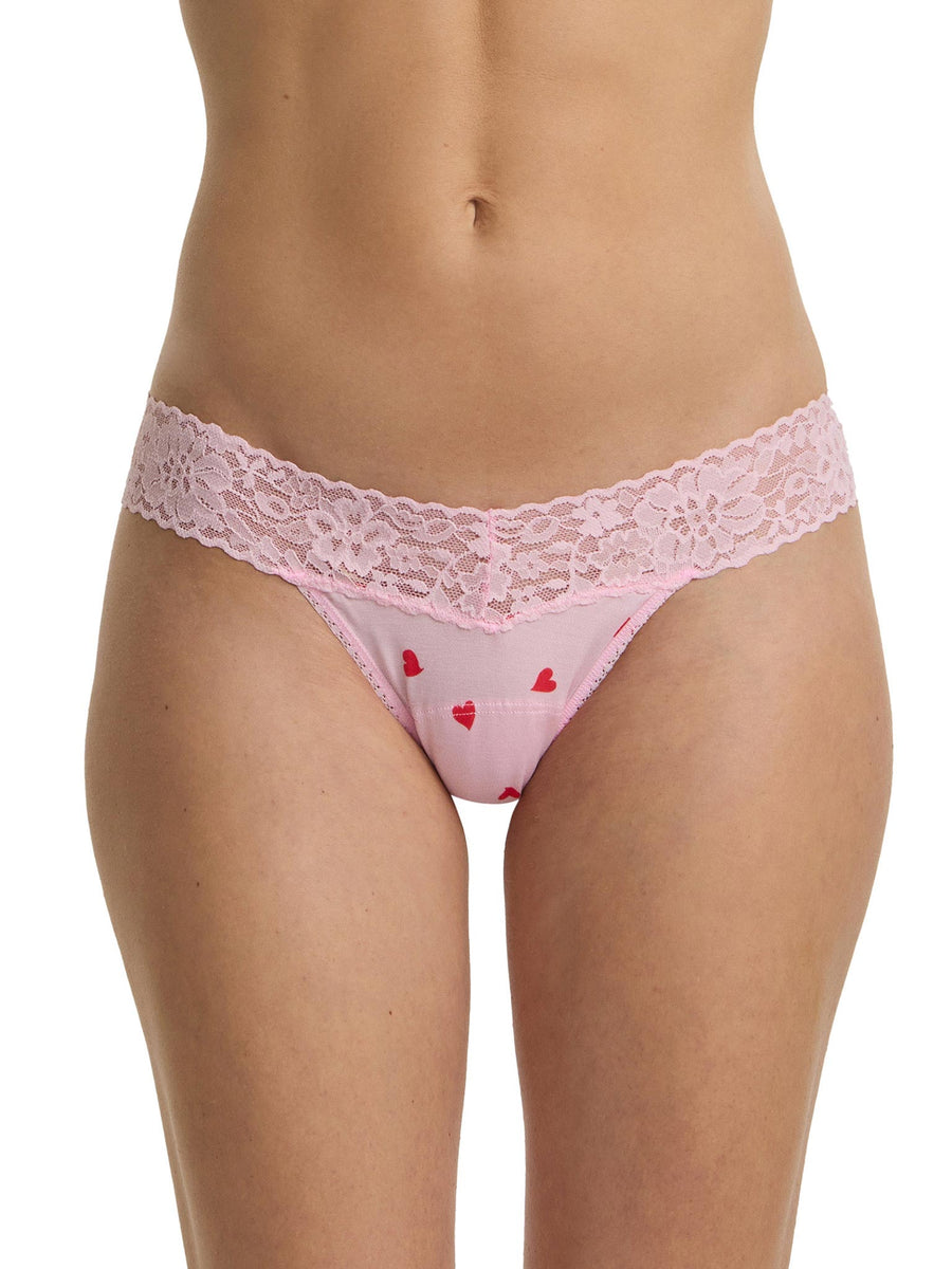 Pink heart-print DreamEase™ Low Rise Thong with lace waistband - Front View | Hanky Panky