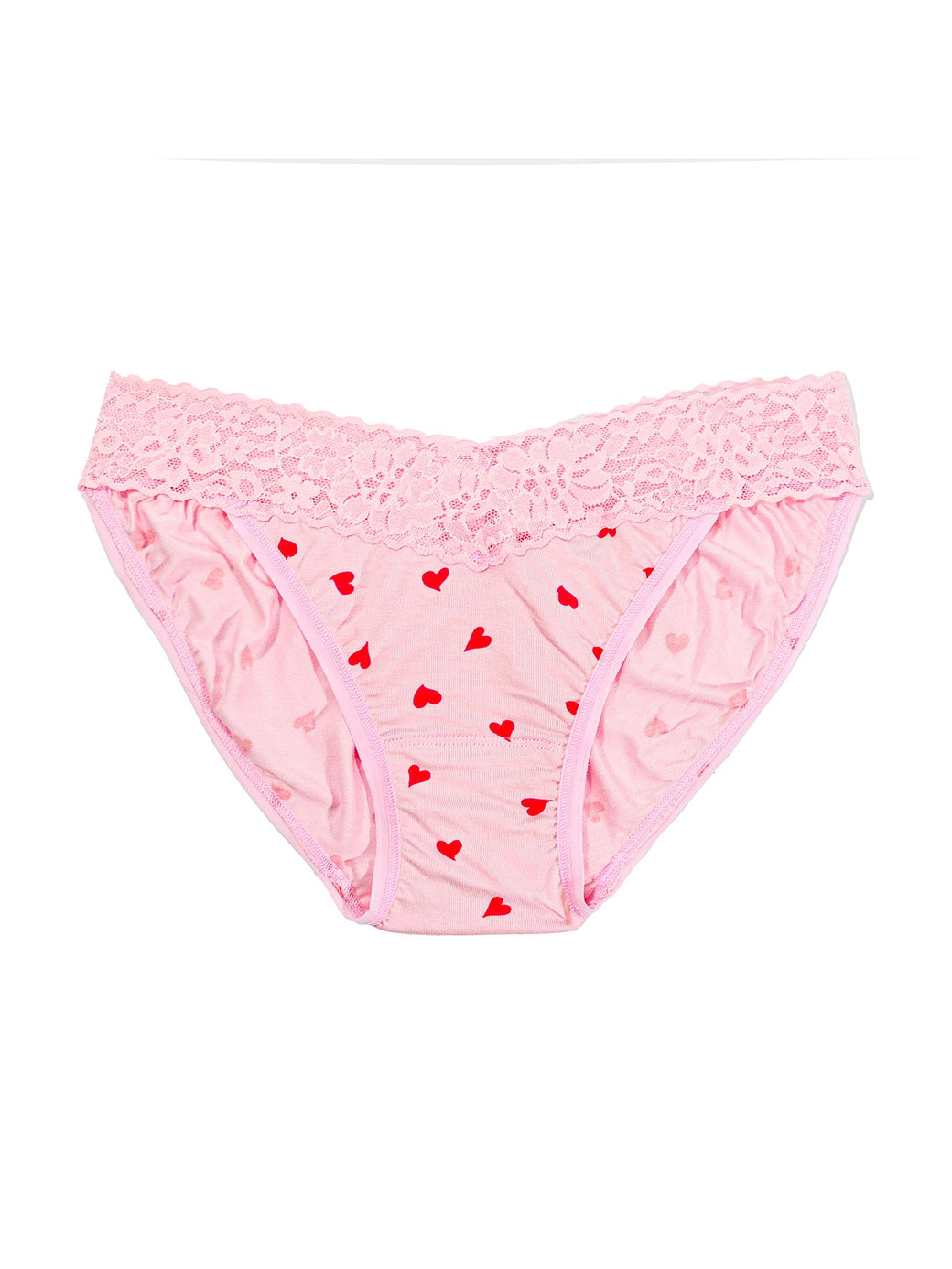 Pink lace underwear with red heart patterns on a white background