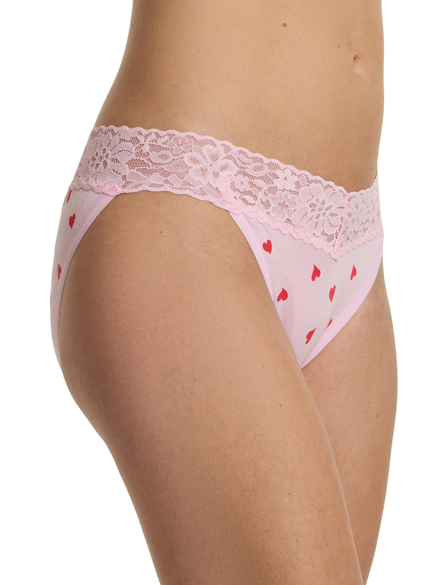 DreamEase™ Printed V-Kini So In Love Pink - Side View, pink lace waistband, red heart print | Hanky Panky