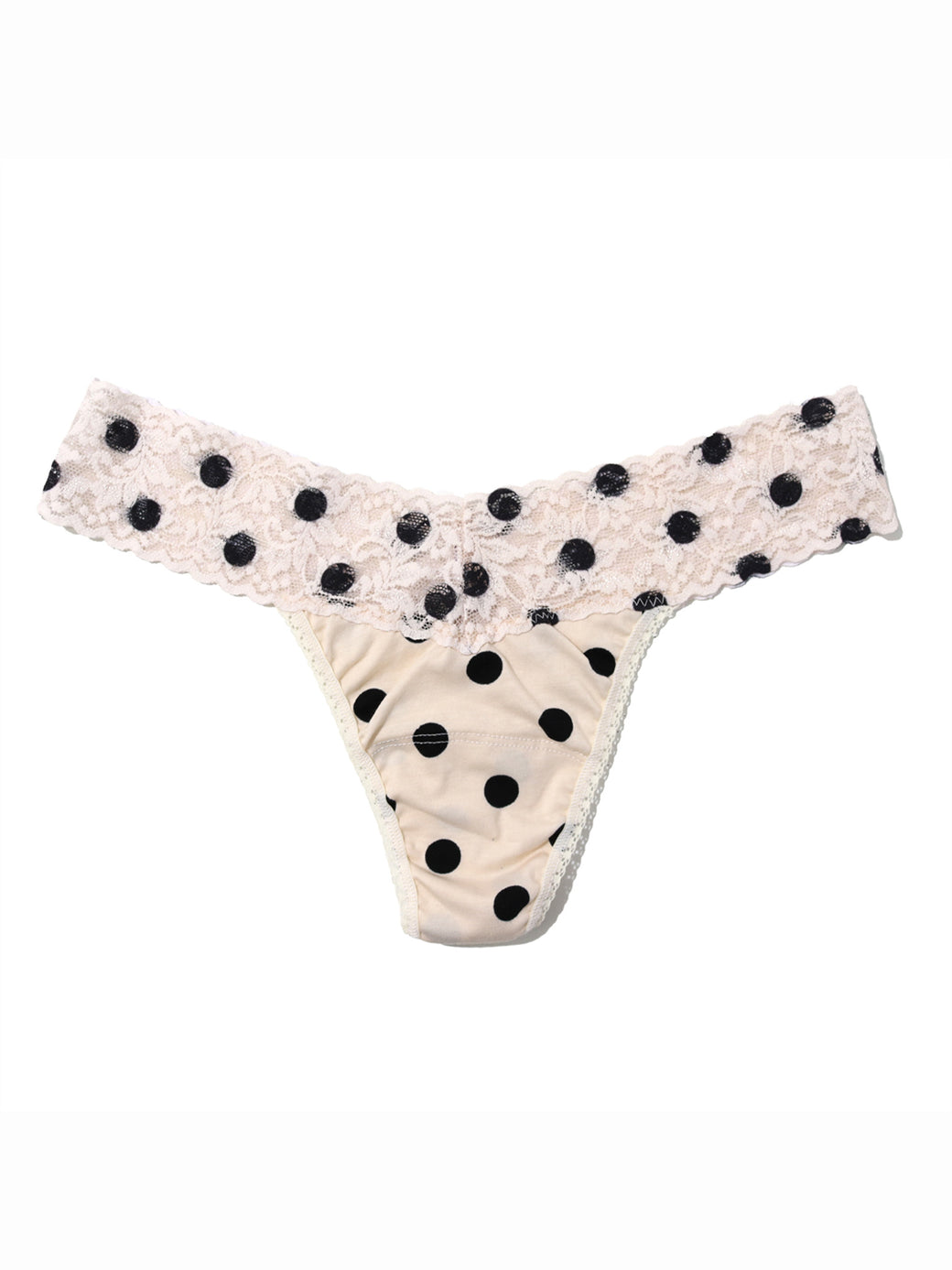 Polka dot bikini bottom with lace trim on a white background