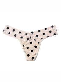 Polka dot bikini bottom with lace trim on a white background