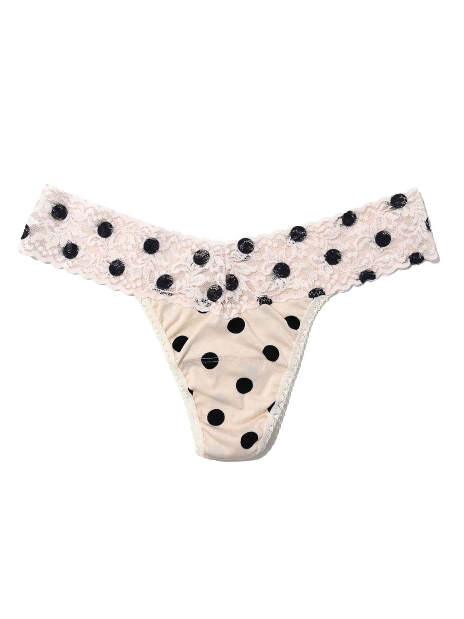 Ivory black polka dot Supima® Cotton thong with lace trim, printed cotton - Flat Lay Product View | Hanky Panky