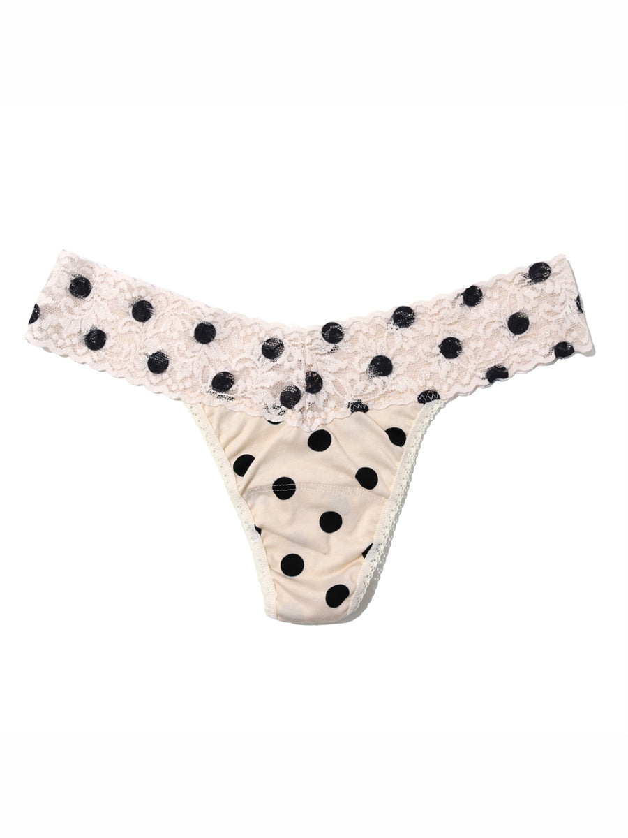 Ivory black polka dot Supima® Cotton thong with lace trim, printed cotton - Flat Lay Product View | Hanky Panky
