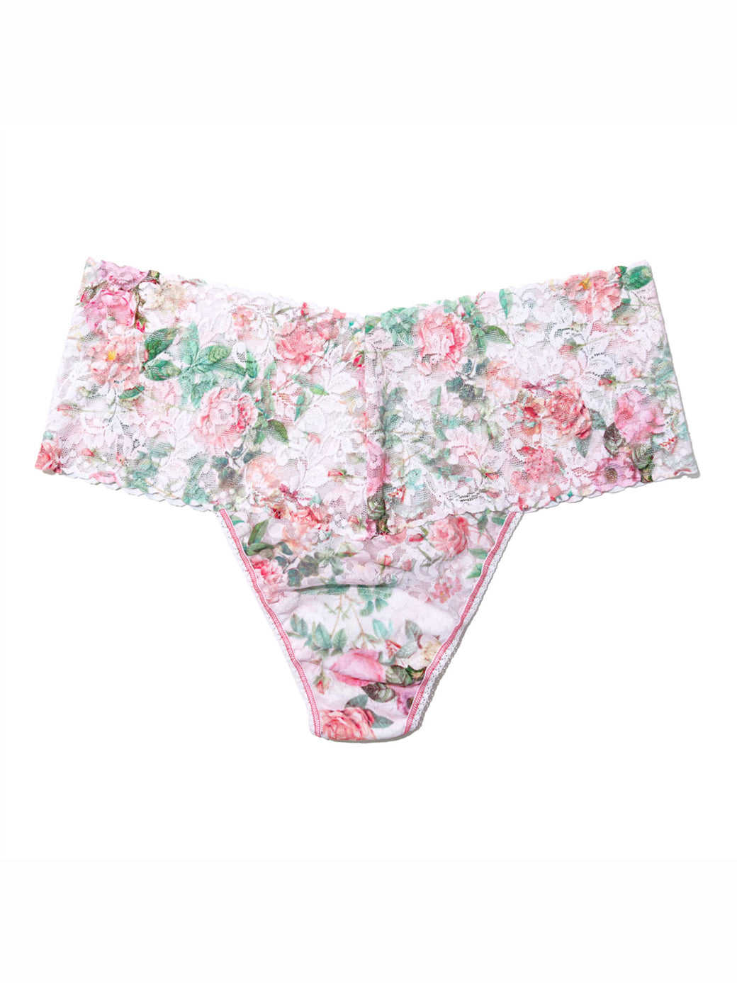 Rococo Rose Pink Floral Printed Retro Lace Plus Size Thong - Flat Lay | Hanky Panky