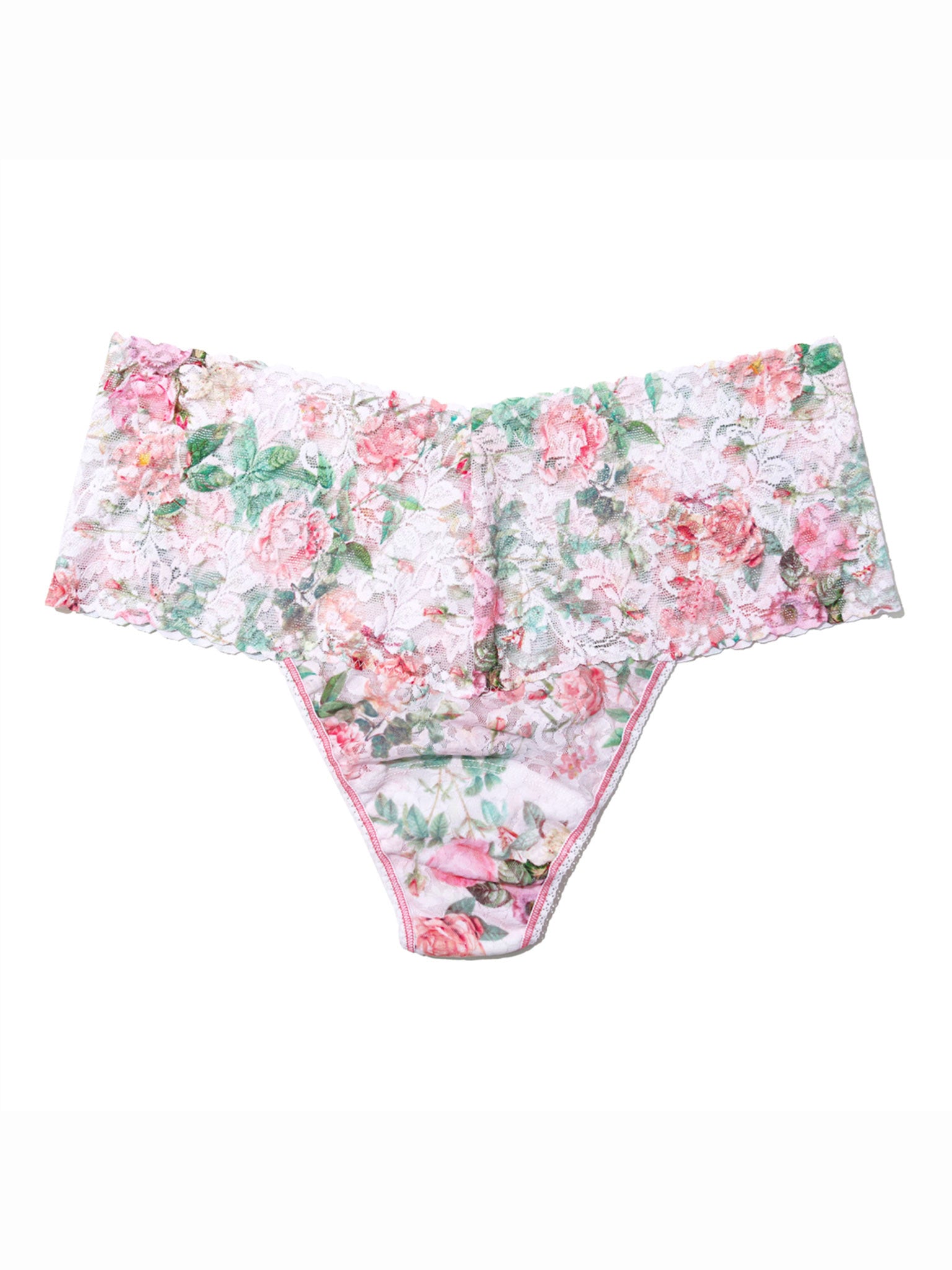 Rococo Rose Pink Floral Printed Retro Lace Plus Size Thong - Flat Lay | Hanky Panky
