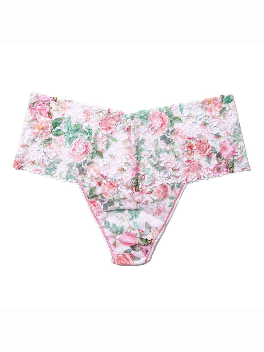 Rococo Rose Pink Floral Printed Retro Lace Plus Size Thong - Flat Lay | Hanky Panky
