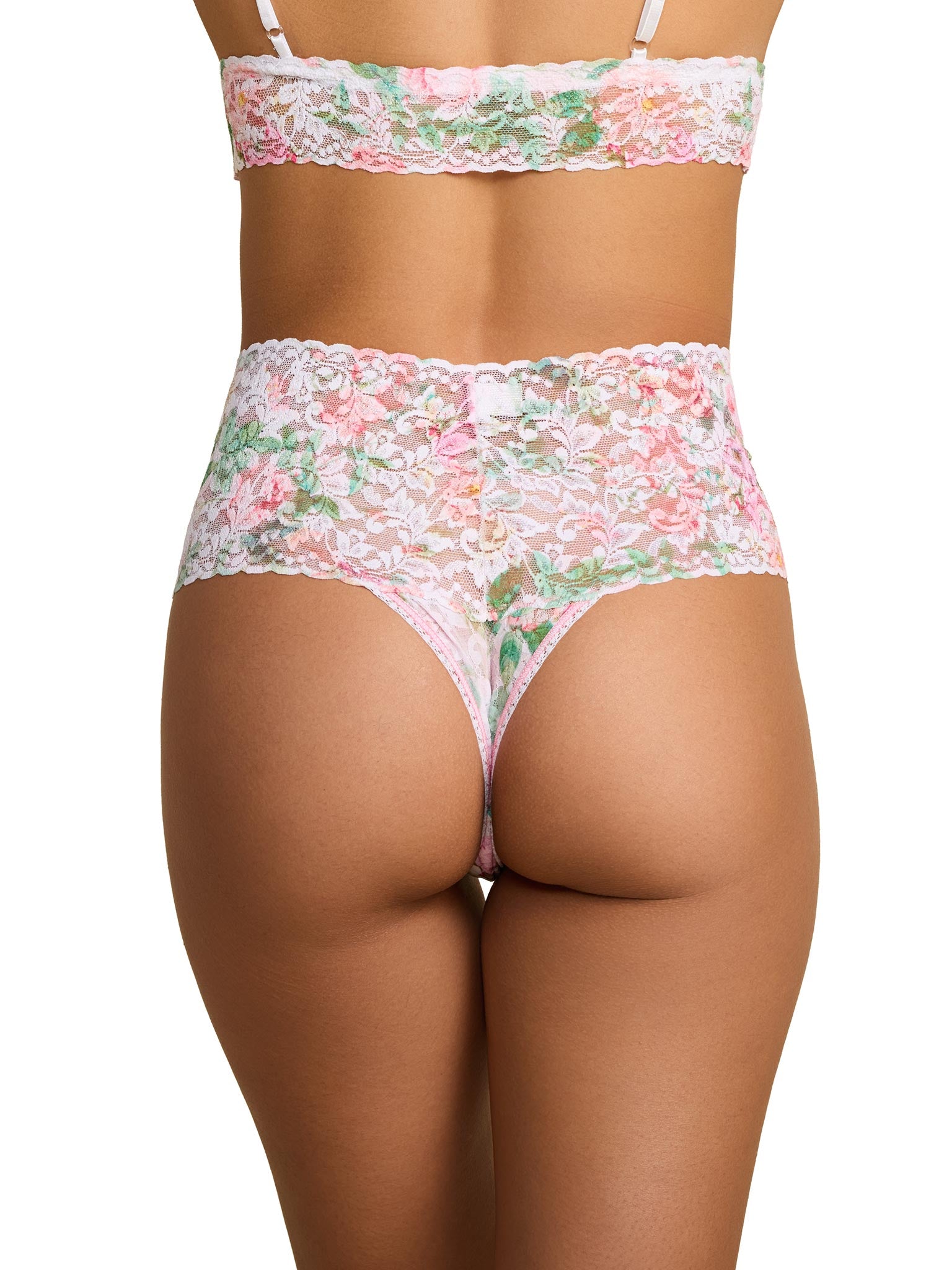 Rococo Rose Pink Floral Lace Retro Thong - Back View, Wide Waistband Detail | Hanky Panky