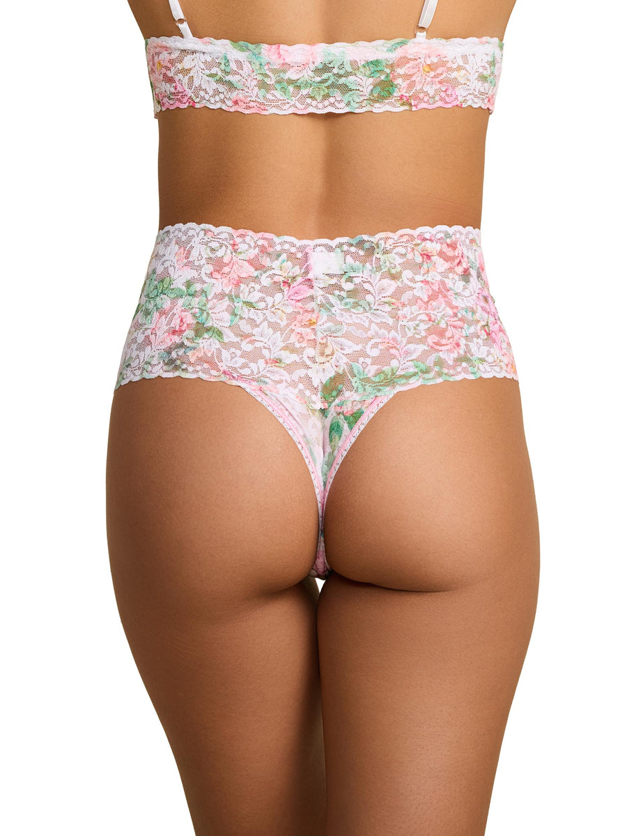 Rococo Rose Pink Floral Lace Retro Thong - Back View, Wide Waistband Detail | Hanky Panky
