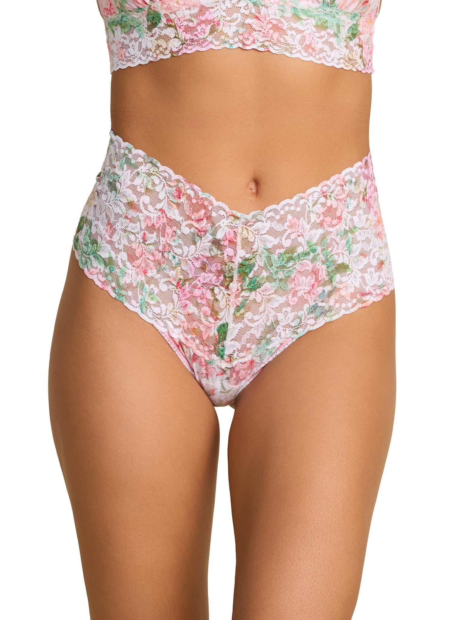 Rococo Rose Pink Printed Retro Lace Thong - Front View, On Model | Hanky Panky