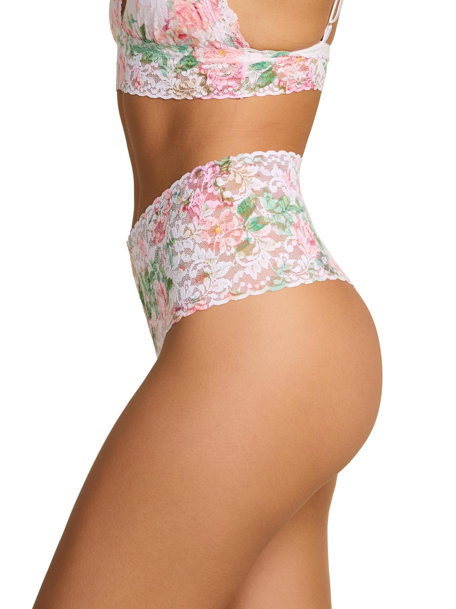 Rococo Rose Pink Printed Retro Lace Thong - Side Profile, High Rise Fit | Hanky Panky